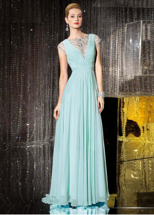 Chiffon Beaded Neckline Cap Sleeves Long Prom Dress 